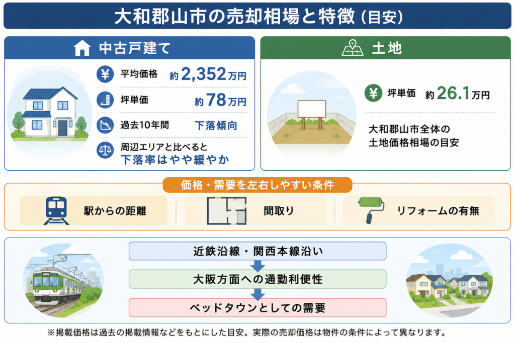 大和郡山市の中古戸建て平均価格約2,352万円・坪単価約78万円、土地の坪単価約26.1万円と、駅距離・間取り・リフォームの有無など価格や需要を左右する条件をまとめた相場図解 
