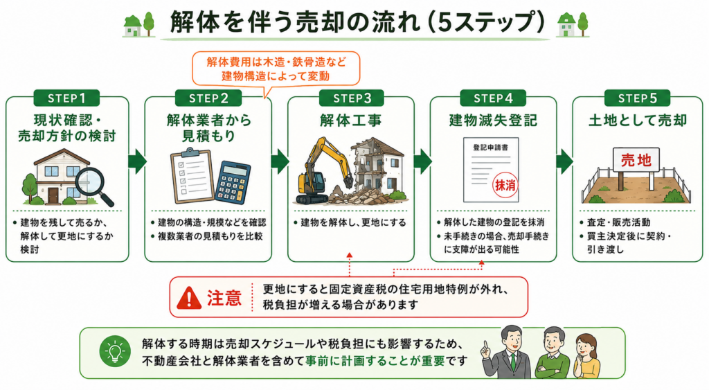 解体を伴う不動産売却の流れを5ステップで示した図解 