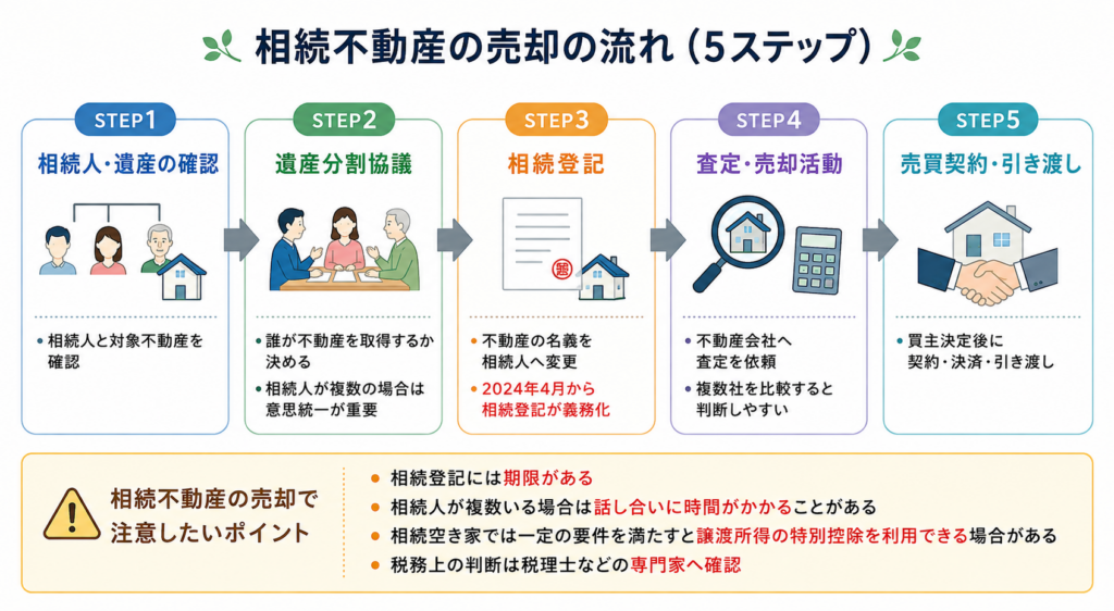 相続不動産を売却する流れを5ステップで示した図解