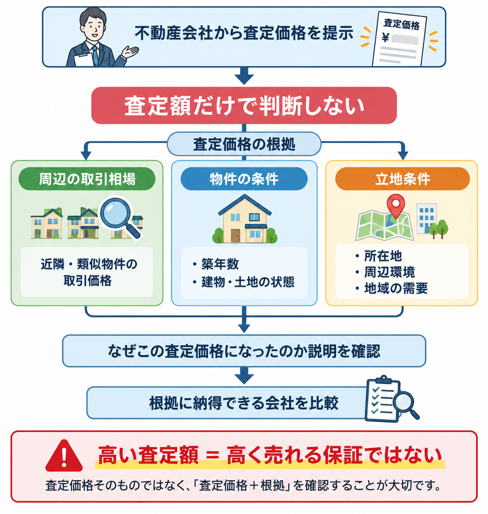 不動産の査定価格について、周辺の取引相場・物件の条件・立地条件の3つの根拠を確認し、査定額だけでなく根拠に納得できる会社を比較するポイントを示した図解