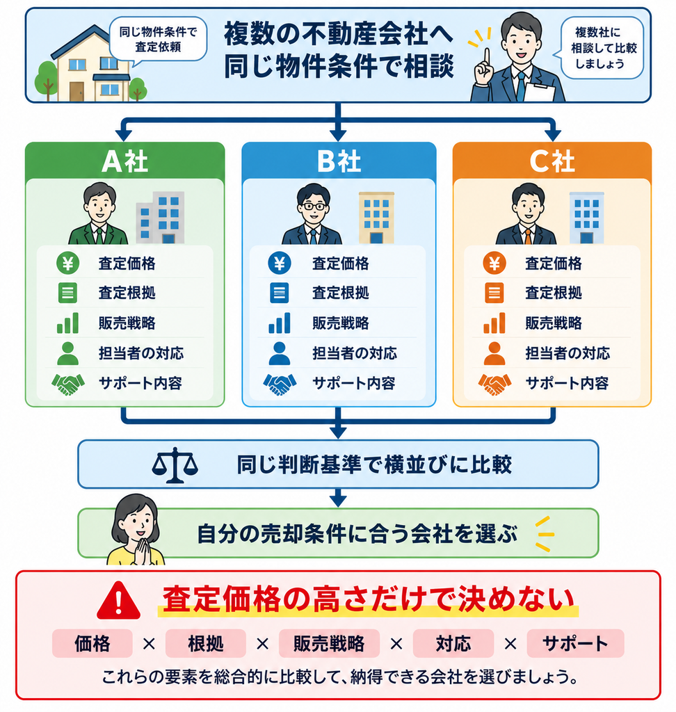 複数の不動産会社に同じ物件条件で査定を依頼し、査定価格・査定根拠・販売戦略・担当者の対応・サポート内容を同じ基準で比較して、自分の売却条件に合う会社を選ぶ方法を示した図解