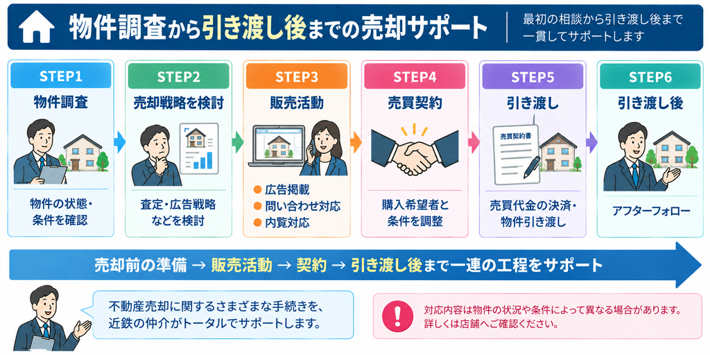 物件調査から売却戦略の検討、販売活動、売買契約、引き渡し、引き渡し後のアフターフォローまで、近鉄の仲介で相談できる一連の売却工程を示した図解。