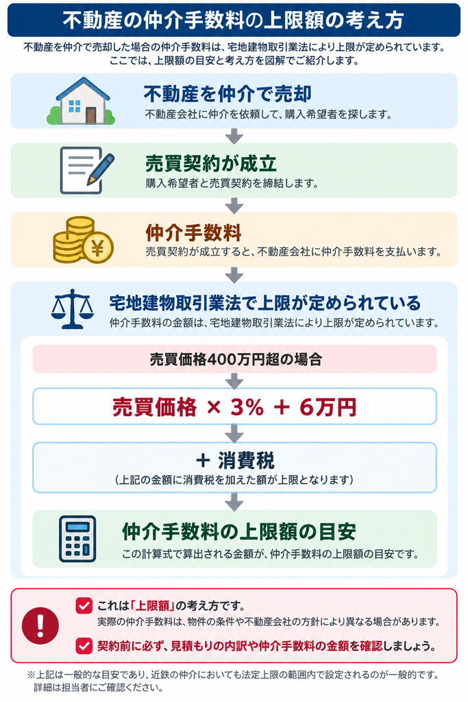 不動産を仲介で売却した際の仲介手数料について、売買価格400万円超の場合の法定上限額の計算方法と確認ポイントを示した図解。