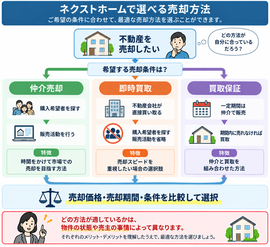 ネクストホームで選べる仲介売却・即時買取・買取保証の3つの売却方法について、それぞれの流れと特徴を比較し、売却価格・売却期間・条件から適した方法を選ぶ考え方を示した図解。