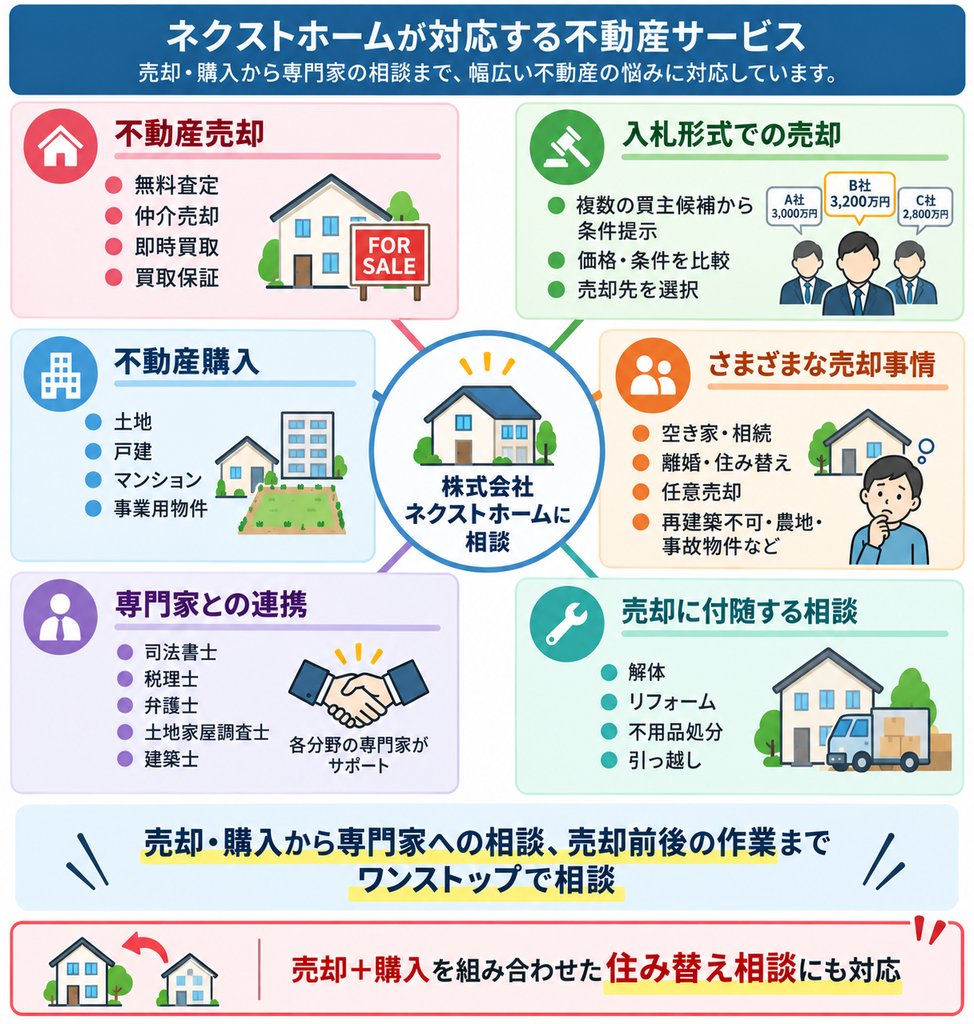 株式会社ネクストホームが対応する不動産売却・入札形式での売却・不動産購入・さまざまな売却事情・専門家との連携・売却に付随する相談を整理し、売却前後の作業や住み替えまでワンストップで相談できる体制を示した図解 