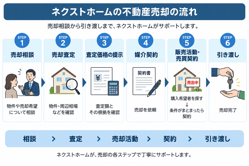 ネクストホームの不動産売却について、売却相談、売却査定、査定価格の提示、媒介契約、販売活動・売買契約、引き渡しまでの6ステップを示した流れ図。