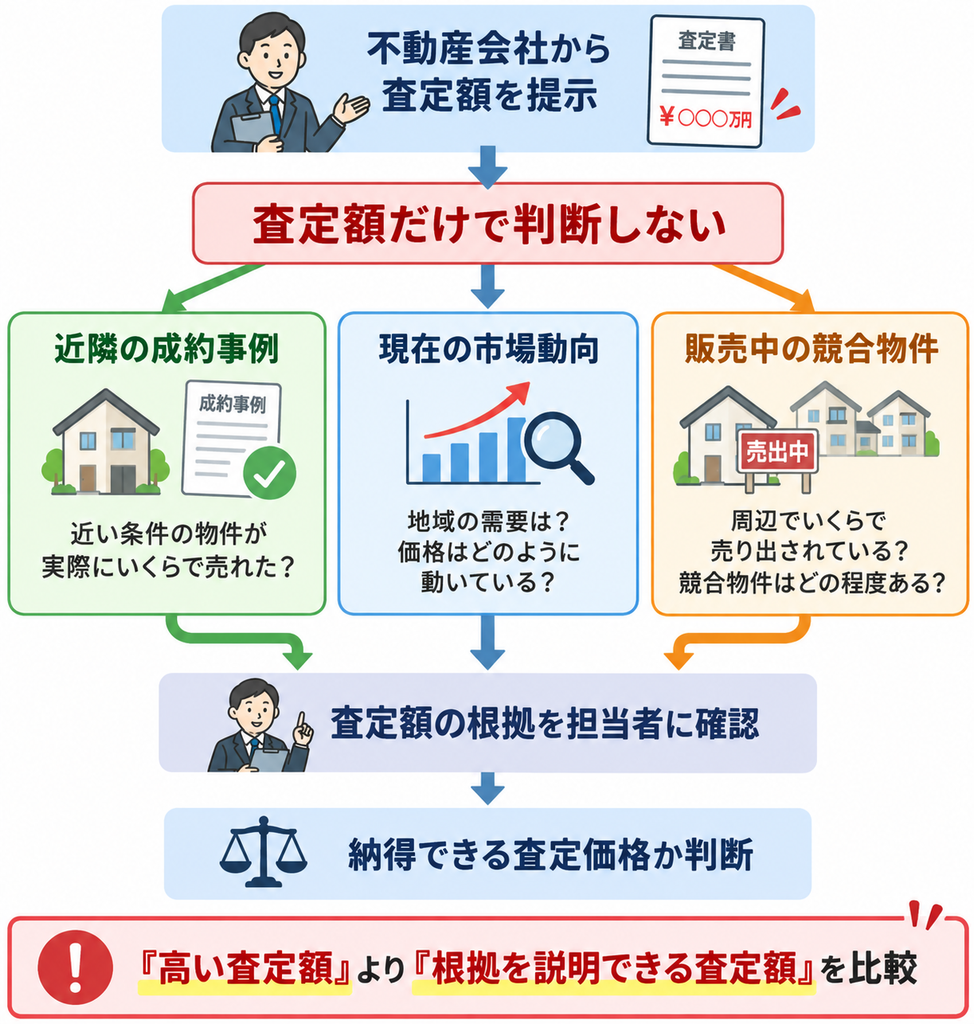 不動産会社から提示された査定額を、近隣の成約事例・現在の市場動向・販売中の競合物件の3つの根拠から確認し、査定額の高さだけでなく説明できる根拠を比較して納得できる査定価格か判断する流れを示した図解