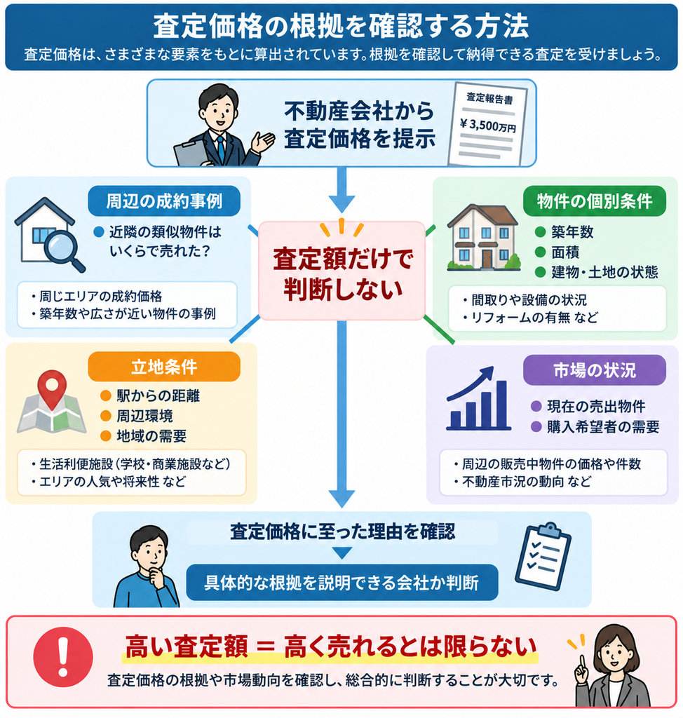 不動産の査定価格について、周辺の成約事例・物件の個別条件・立地条件・市場の状況の4つの根拠を確認し、査定額の高さだけでなく具体的な算出理由を説明できる会社か判断する方法を示した図解 