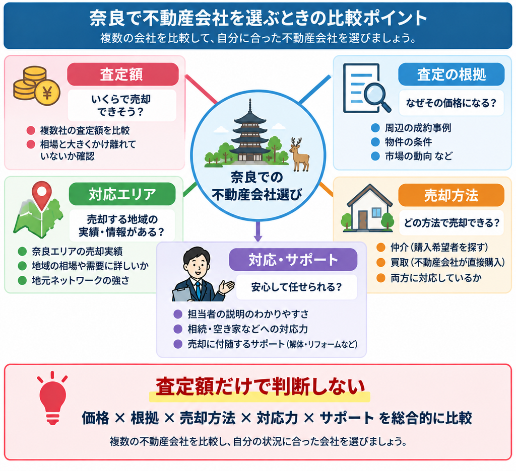 奈良で不動産会社を選ぶ際に、査定額・査定の根拠・対応エリア・売却方法・対応やサポートの5項目を確認し、査定額だけでなく複数の判断基準から総合的に比較するポイントを示した図解。