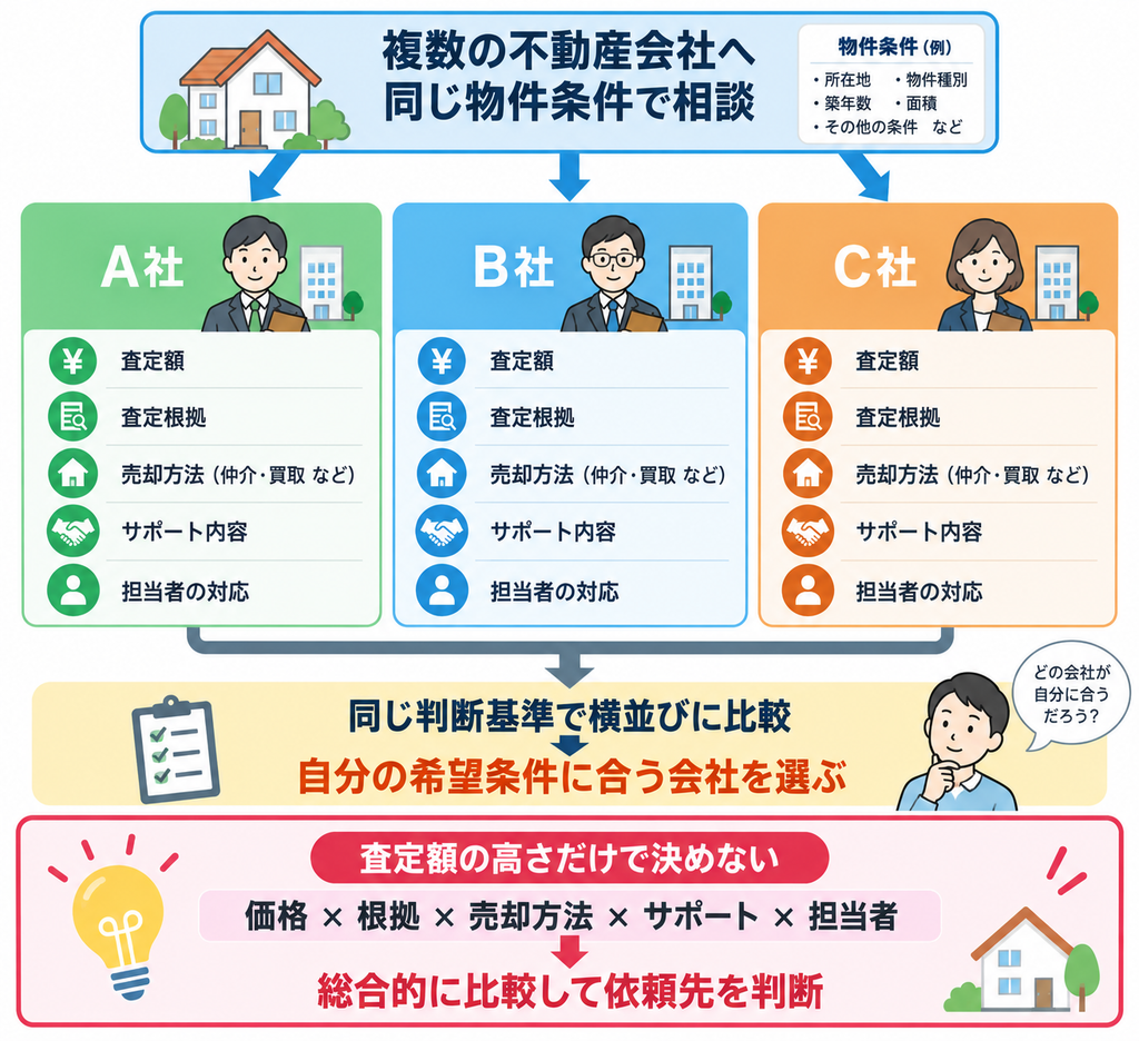 複数の不動産会社へ同じ物件条件で相談し、A社・B社・C社の査定額、査定根拠、売却方法、サポート内容、担当者の対応を同じ基準で比較して、自分の希望条件に合う依頼先を選ぶ方法を示した比較図。