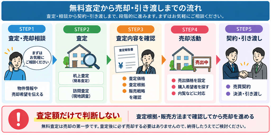 無料の査定・売却相談から、机上査定または訪問査定、査定価格・根拠・販売戦略の確認、売却活動、売買契約・決済・引き渡しまでの5ステップと、査定額だけで判断しないポイントを示した図解。
