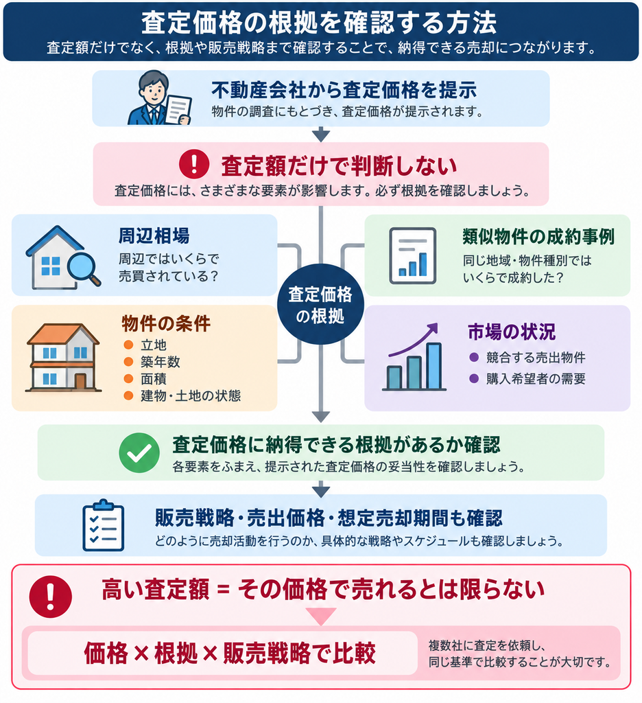 不動産の査定価格について、周辺相場や類似物件の成約事例、物件条件、市場状況から根拠を確認し、販売戦略まで比較する方法を示した図解。