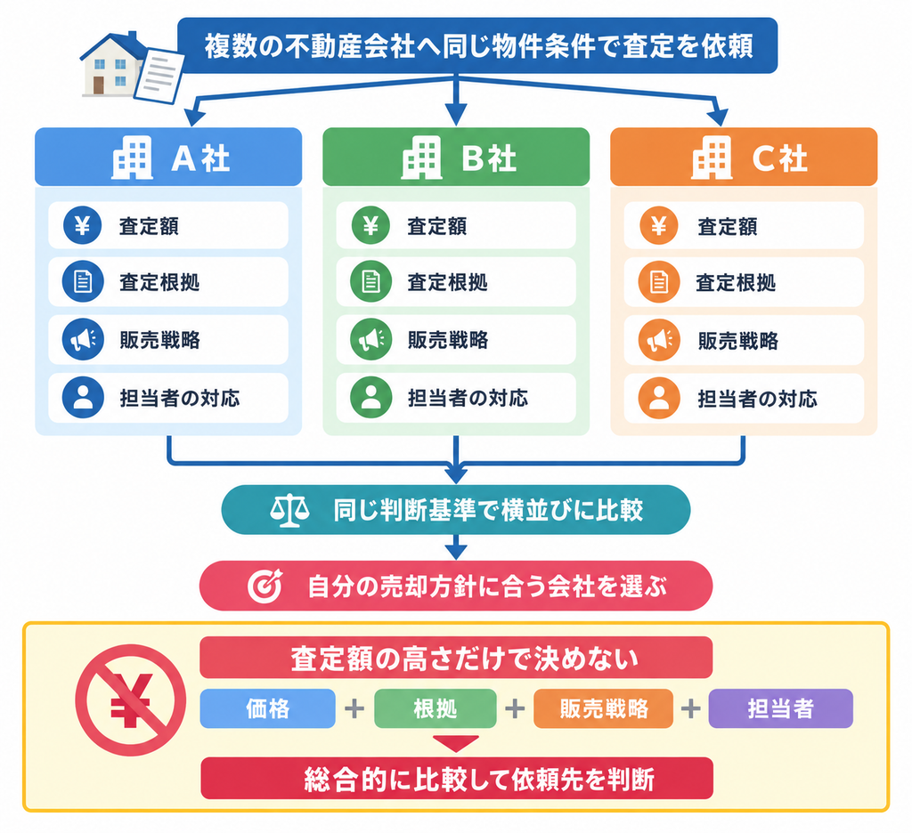 複数の不動産会社に同じ物件条件で査定を依頼し、査定額・査定根拠・販売戦略・担当者の対応を比較して、自分の売却方針に合う会社を選ぶ流れを示した図解