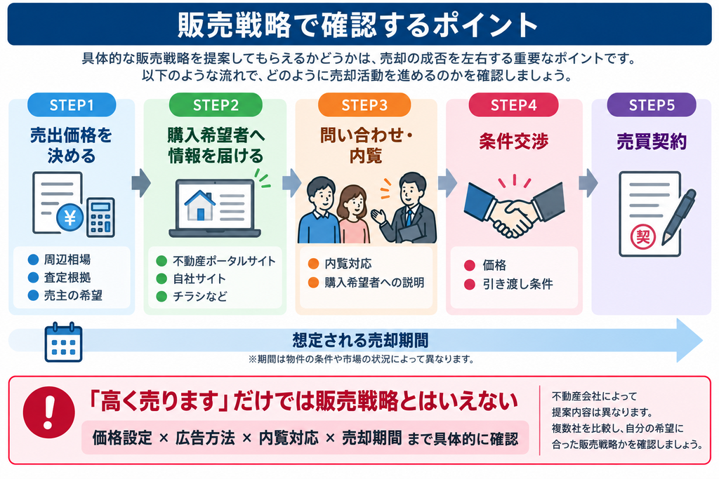 不動産売却の販売戦略について、売出価格の設定から広告、内覧対応、条件交渉、売買契約までの流れと確認ポイントを示した図解。 