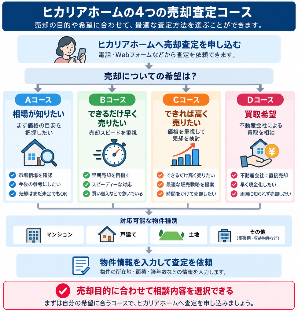 ヒカリアホームの売却査定について、相場確認・早期売却・高値売却・買取希望の4コースを売却目的別に示した図解 