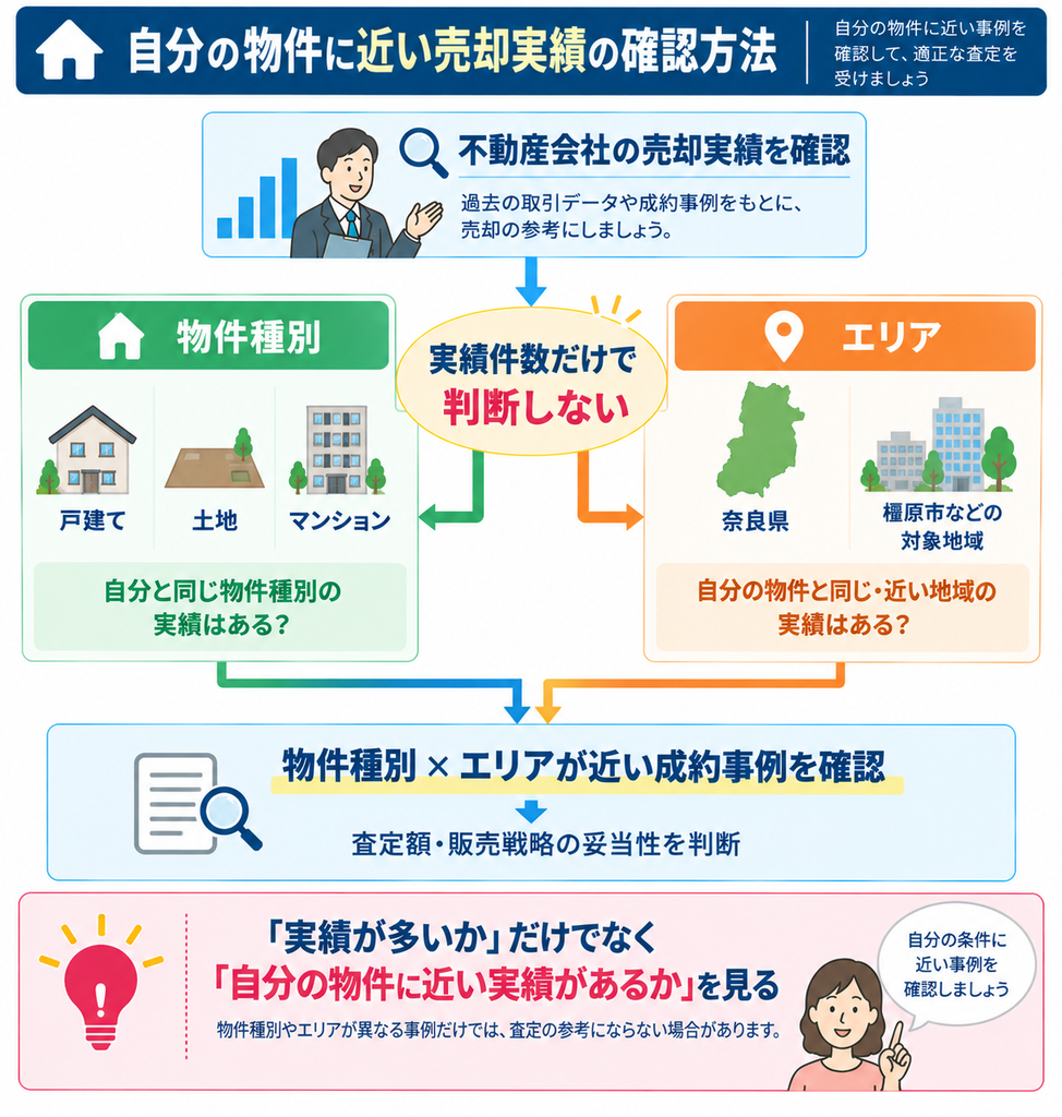 不動産会社の売却実績を物件種別とエリアの2つの視点で確認し、自分の物件に近い成約事例から査定額や販売戦略の妥当性を判断する方法を示した図解。