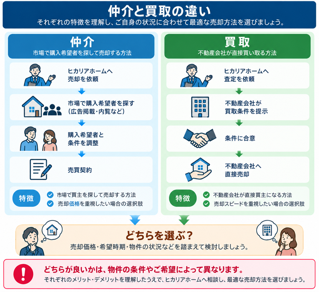 ヒカリアホームの不動産売却における仲介と買取の違いを、売却の流れや特徴、売却価格・希望時期などの判断基準で比較した図解。