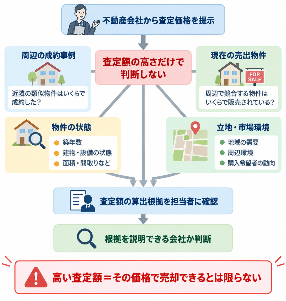 不動産の査定価格を判断する際に、周辺の成約事例や売出物件、物件の状態、立地・市場環境などの算出根拠を確認するポイントを示した図解 