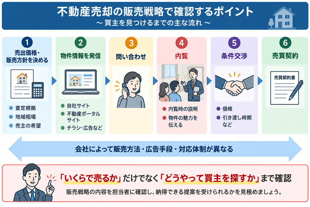 不動産売却で売出価格・販売方針の決定から物件情報の発信、問い合わせ、内覧、条件交渉、売買契約までの流れと、販売戦略で確認すべきポイントを示した図解