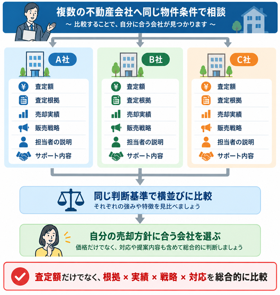複数の不動産会社を査定額・査定根拠・売却実績・販売戦略・担当者の説明・サポート内容の同じ基準で比較し、自分の売却方針に合う会社を選ぶ方法を示した図解
