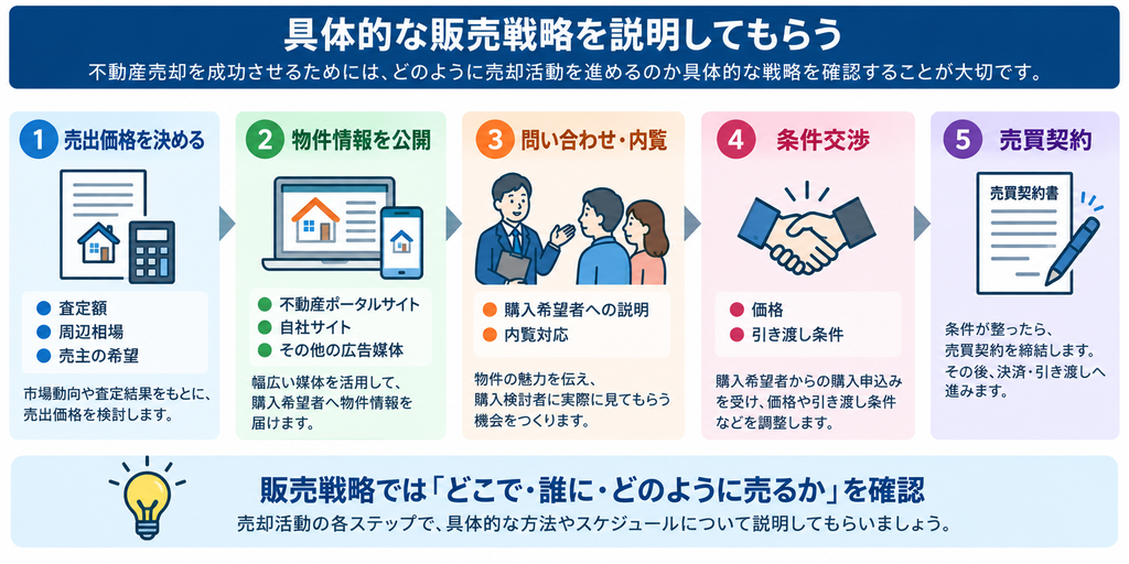 不動産売却の販売戦略について、売出価格の設定から物件情報の公開、問い合わせ・内覧、条件交渉、売買契約までの流れと確認ポイントを示した図解 