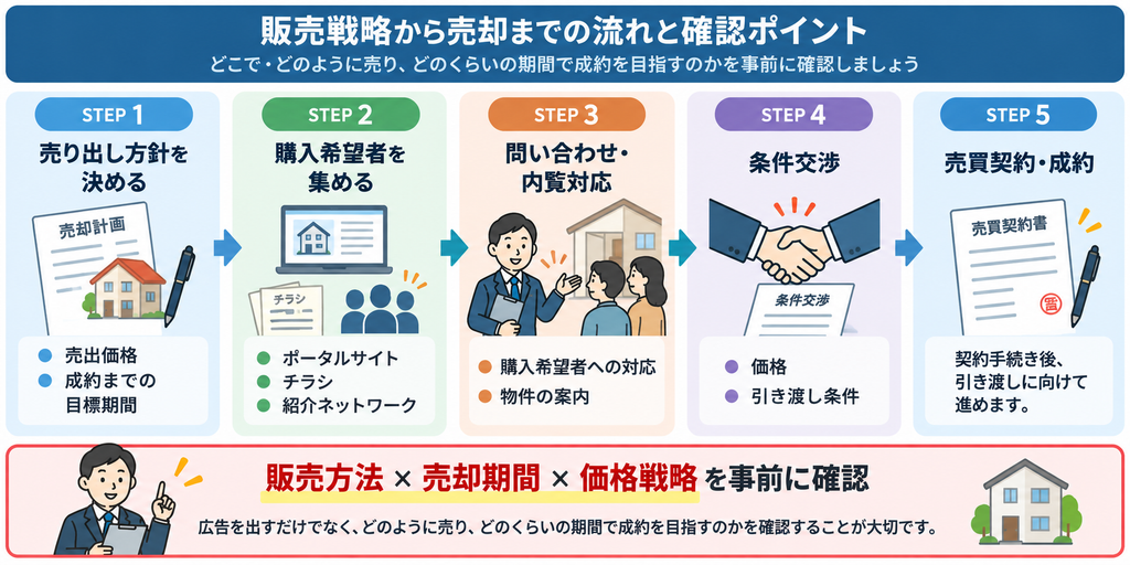 不動産売却において、売出価格と目標期間の設定から、購入希望者の募集、問い合わせ・内覧対応、条件交渉、売買契約・成約までの5ステップと、販売方法・売却期間・価格戦略を事前に確認する重要性を示した図解