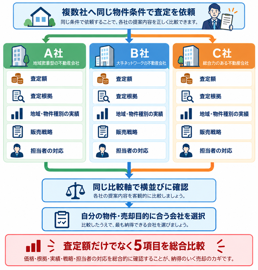 複数の不動産会社へ同じ物件条件で査定を依頼し、査定額・査定根拠・地域や物件種別の実績・販売戦略・担当者の対応の5項目を同じ基準で比較して、自分の物件や売却目的に合う会社を選ぶ流れを示した図解。