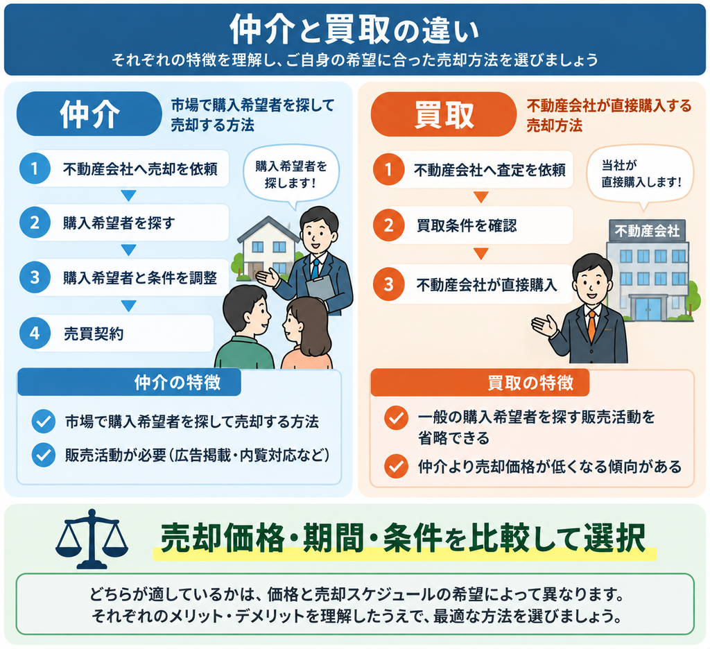 不動産売却における仲介と買取の違いを、売却までの流れや販売活動の有無、売却価格の傾向から比較し、価格・期間・条件を踏まえて売却方法を選ぶポイントを示した図解 