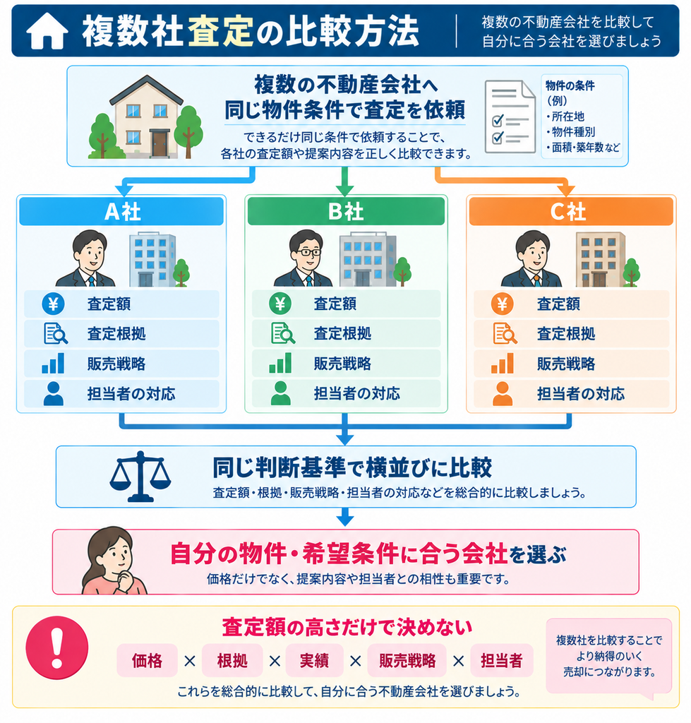 複数の不動産会社へ同じ物件条件で査定を依頼し、査定額・査定根拠・販売戦略・担当者の対応などを同じ基準で比較して依頼先を選ぶ方法を示した図解