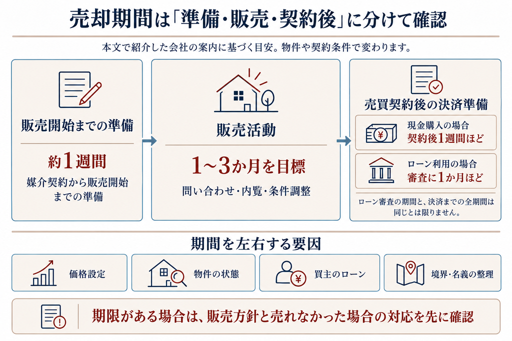 不動産売却の期間を販売準備、販売活動、契約後の決済準備に分け、期間の目安と長引く主な要因を示した図解。