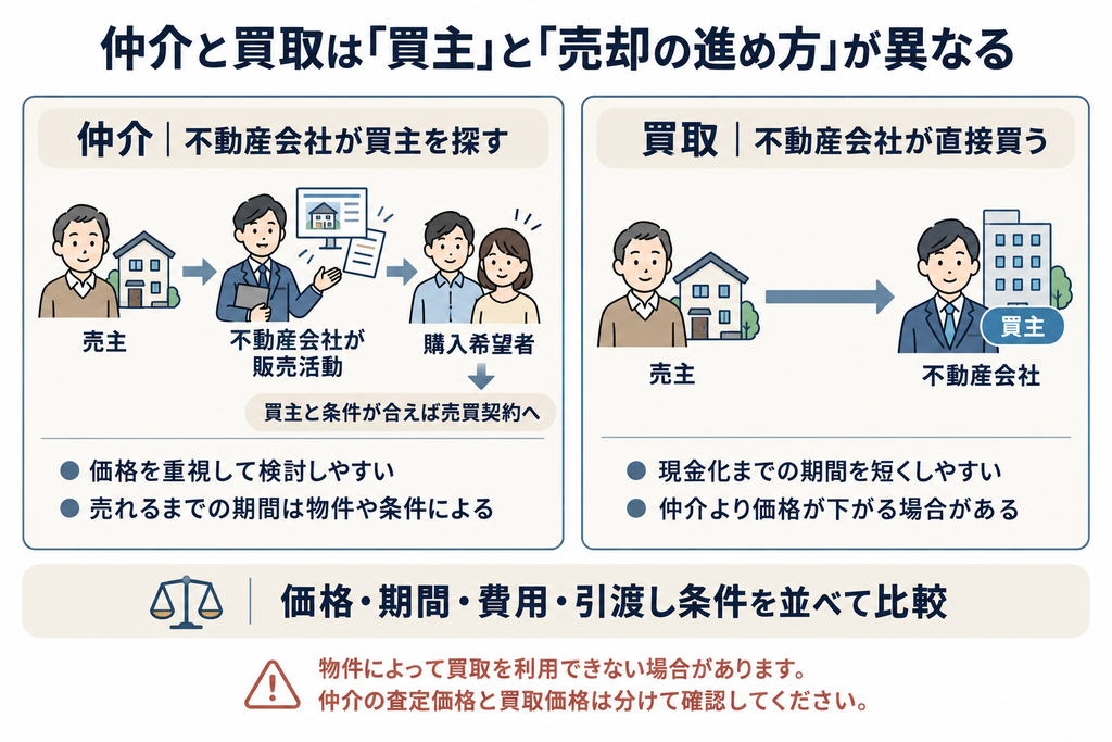 仲介は不動産会社が買主を探し買取は会社が直接購入する仕組みと価格や売却期間などの確認事項を比較した図。