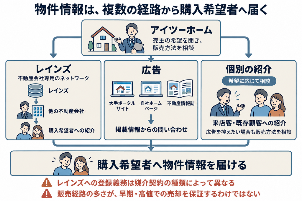 物件情報がレインズや広告媒体と来店客や既存顧客への紹介を通じて購入希望者に届く販売経路の関係を示した図解