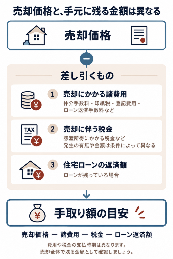 売却価格から諸費用、税金、住宅ローン返済額を差し引き、手取り額の目安を確認する考え方と支払時期を示す図解
