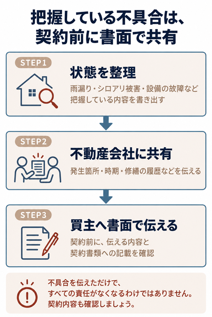 物件の不具合を整理し、不動産会社に共有して契約前に買主へ書面で伝える3ステップと契約内容の確認を示す図