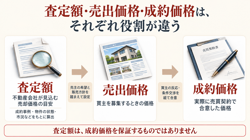査定額は売却価格の目安、売出価格は募集時の価格、成約価格は実際に合意した価格である違いを整理した概念図。