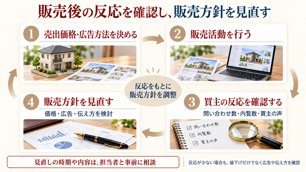 売出価格と広告方法を決め、販売後の問い合わせや内覧の反応を確認し、販売方針を見直していく循環を示す図解。