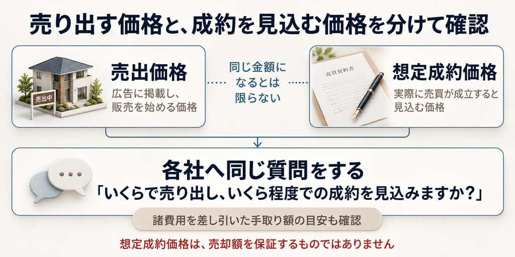 売出価格と想定成約価格の役割を左右で分け、各社への質問と諸費用を差し引いた手取り額の確認を示した概念図。