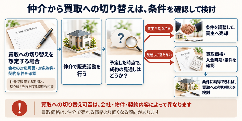 仲介での販売から買主への売却と買取条件の確認へ分岐し、条件に納得した場合に切り替えを検討する流れの図解。