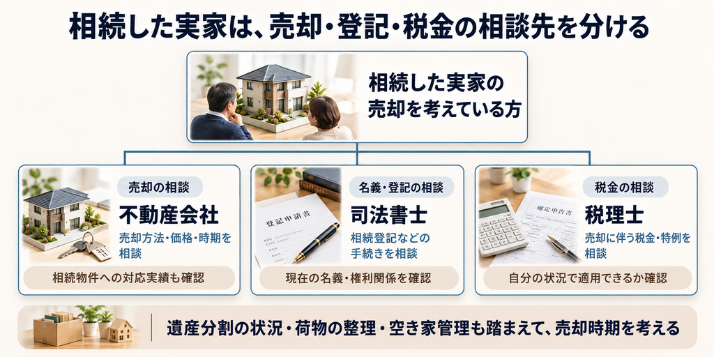 相続した実家の売却相談を不動産会社、登記を司法書士、税金を税理士へ分け、売却前の確認事項も示した関係図。