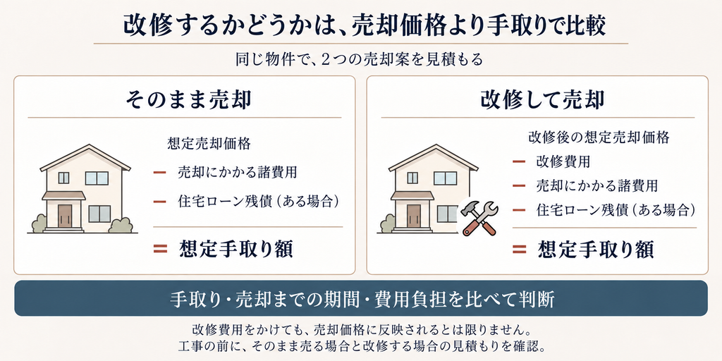 そのまま売却する場合と改修して売却する場合の費用を差し引き、手取り額や売却期間を比較して判断するための図