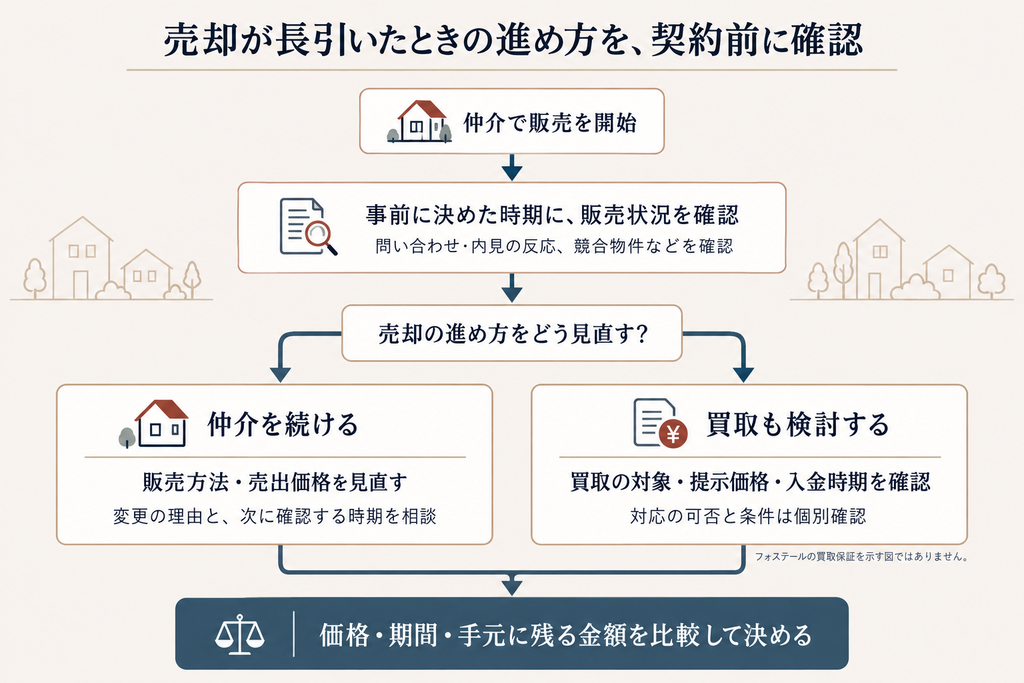 仲介で売却が長引いた場合に販売状況を確認し、販売方法や価格の見直しと買取条件を比べて売却方針を判断する図解