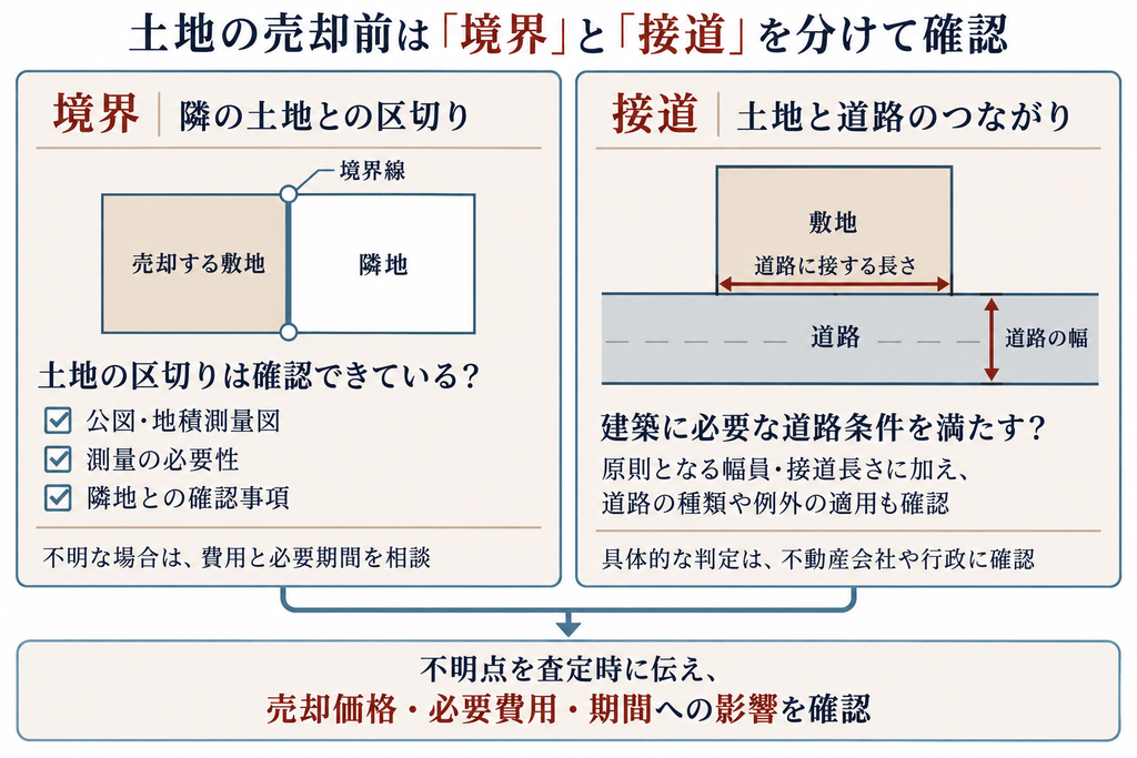土地売却前の境界確認と接道確認を並べ、隣地との区切り、道路幅、道路に接する長さの違いを示した概念図。